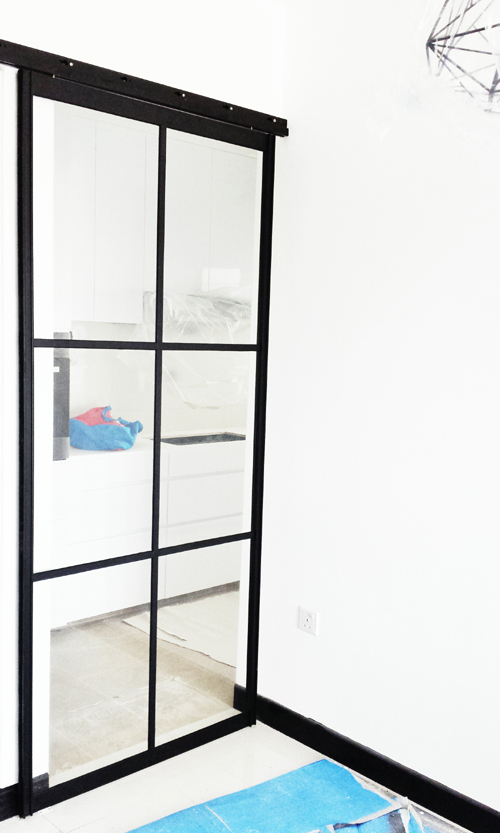 Singpost Quest For Amusement Sliding Kitchen Door With Glass And Black Rims