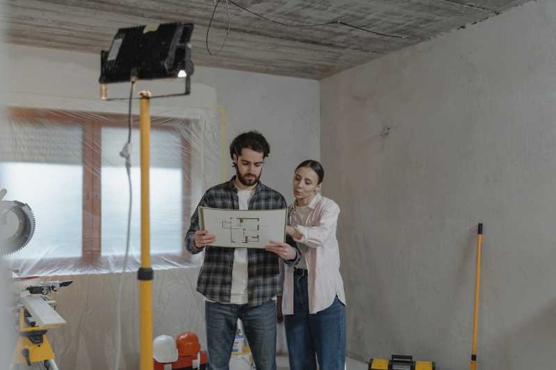 A man and a woman looking at a long-distance house remodelling plan